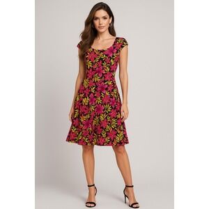 Oncite Dress Womens XL Black Hawaiian Floral Fit Flare Beach Resort Vacay Cruise